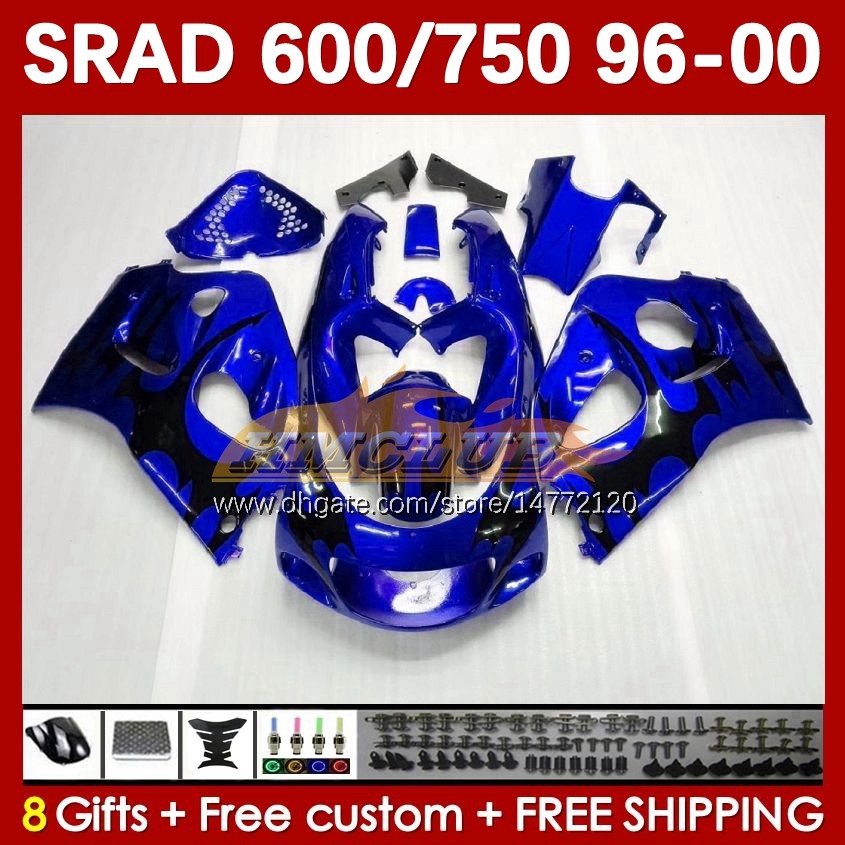 Body Kit For SUZUKI SRAD GSXR 750 600 CC GSXR600 GSXR750 1996-2000 168No.128 GSX-R750 GSXR-600 1996 1997 1998 1999 2000 600CC 750CC 96 97 98 99 00 MOTO Fairing blue flames