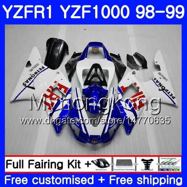 Carrocería para YAMAHA YZF R 1 YZF1000 YZF-R1 1998 1999 Marco blanco azul caliente 235HM.32 YZF-1000 YZF R1 98 99 YZF 1000 YZFR1 98 99 Cuerpo Carenado