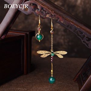 Boeycjr etnische vintage dragonfly stone bead asymmetrische dangle mode-sieraden drop haak oorbellen voor vrouwen cadeau 2019 J190628