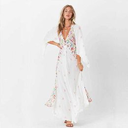 Bohe – Robe Maxi pour femmes, col en v, imprimé Floral, Kimono, manches évasées, plage, décontractée, boutons, longue, ample, été, 2023