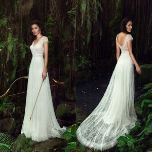 Bohemen 2019 Full Lace Trouwjurken Een lijn V-hals Korte mouw Boho Bruidsjurken Robe de Mariée