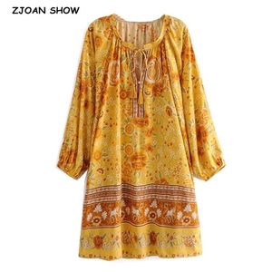 BOHEMIA BANDAGE VAKING UP V-hals Floral Print Lange Mouw Boho Jurk Hippie Vrouwen Losse Rechte Korte Jurken Vakantie Goud 210429