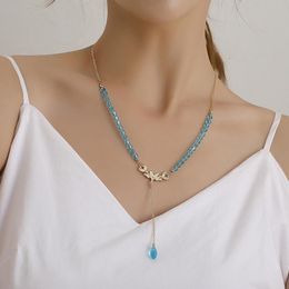 Bohême bleu perles de verre cristal colliers longue chaîne dorée gland goutte pendentif collier femmes cadeaux bijoux J0312