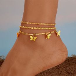 Tobilleras de oro amarillo de 14 quilates con cadena de mariposa bohemia para mujer, accesorios de pie de moda, tobillera de playa descalza de verano, pulsera en la pierna, joyería para pie, regalo