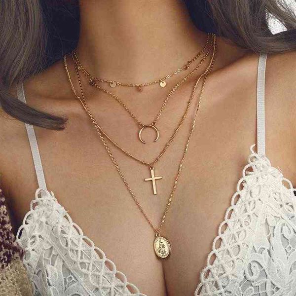 Bohême mode multicouche or colliers pour femmes Vintage lune pendentif collier clavicule chaîne tour de cou croix cadeau Party248n