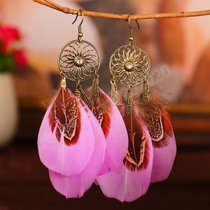 Boucles d'oreilles bohémiennes en plumes, pendentif attrape-rêve pour femmes, boucles d'oreilles à franges roses, accessoires de bijoux