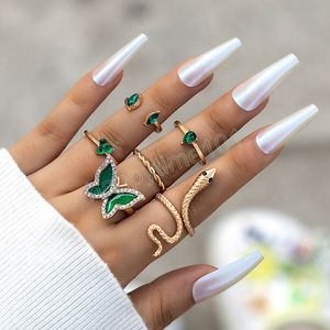 Bohemen geometrische kunckle ring set voor vrouwen groene kristal vlinder slangvormige gewrichtsring vrouwelijk feest sieraden cadeau accessoire