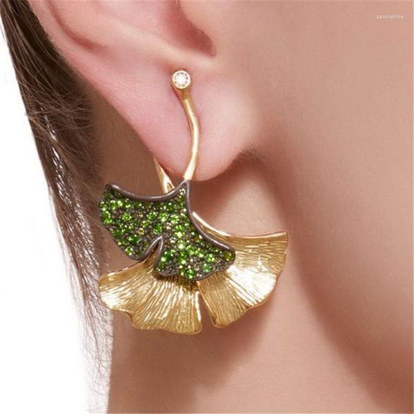 Bohemia Ginkgo Biloba Color dual Hojas de plantas Pendientes de gota Pendientes de cristal verde brillante de oro para mujeres Joyería de declaración Cuelga la lámpara