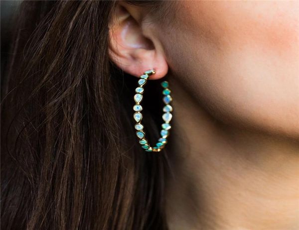 Bohême couleur or grand cercle en forme de C boucles d'oreilles mode vert bleu opale larme pierre boucles d'oreilles pour Women1384954