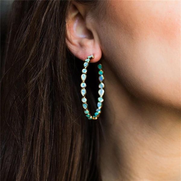 Boucles d'oreilles bohémiennes couleur or, grand cercle en forme de C, boucles d'oreilles en pierre opale verte bleue en forme de goutte d'eau pour femmes 231N