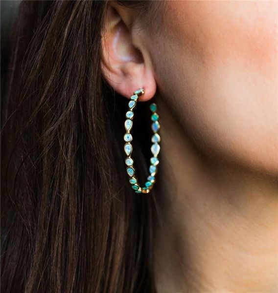 Bohême couleur or grand cercle en forme de C boucles d'oreilles mode vert bleu opale larme pierre boucles d'oreilles pour Women5100745