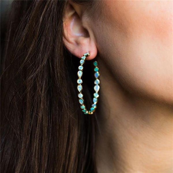 Bohemia Gold Color grand cercle C Boucles d'oreilles en forme C Fashion Boucles d'oreilles en pierre de larme Opale bleu vert pour femmes 304g