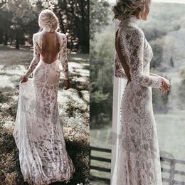 Bohemia High Neck -jurken Beach Mermaid Lace Lange Mouwen Bridal Trows Sexy Backless Boho Country Wedding Gown Plus Maat