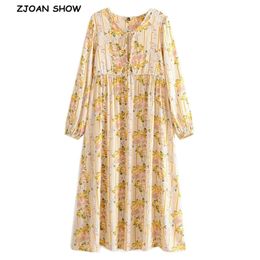 Bohemia lacing up v pescoço amarelo tira floral impressão longo vestido étnico mulher manga tassel strappy vestidos de férias praia 210429