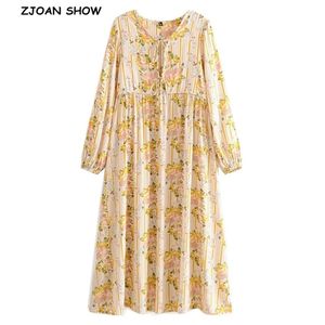 BOHEMIA VACING UP V-hals Gele Strip Floral Print Lange Jurk Etnische Vrouw Mouw Tassel Strappy Holiday Jurken Beach 210429