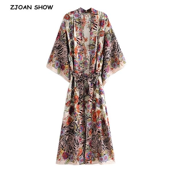 Bohemia Localice Floral Print Long Kimono Shirt Hippie Mujeres Cordonel Up Tie Bow Fashes Cardigan Blusa suelta Boho Tops Holiday 210719