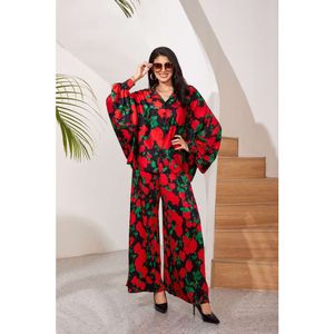 Bohême ample pantalon large costume Satin imprimé costume manches chauve-souris pantalon ample grande taille 2024 nouvelle mode européenne et américaine FZ229135