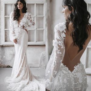 Bohemia Mermaid Wedding Jurken Backless Long Sheeves Bridal Trows 3D-Floral Appliques Illusion Bruid Jurken Custom Made Made Made