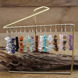 Boucle d'oreille bohémien en pierre naturelle, gravier, pompon, cristal brut, puces de Fluorite, breloque pendante, crochet Reiki, bijoux cadeau pour femmes