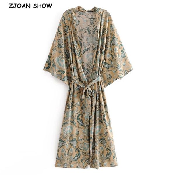 Bohemia cola de Fénix flor estampado largo Kimono camisa BOHO mujeres étnicas con cordones arco fajas cárdigan blusa suelta Tops 210429