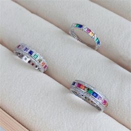 Bohemen regenboog 925 sterling zilveren luxe sieraden ringen kleurrijke 5A vierkante zirconia designer ring voor vrouw Party Wedding Enga2869