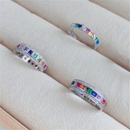 Bohemen regenboog 925 sterling zilveren luxe sieraden ringen kleurrijke 5A vierkante zirconia designer ring voor vrouw Party Wedding Enga223I