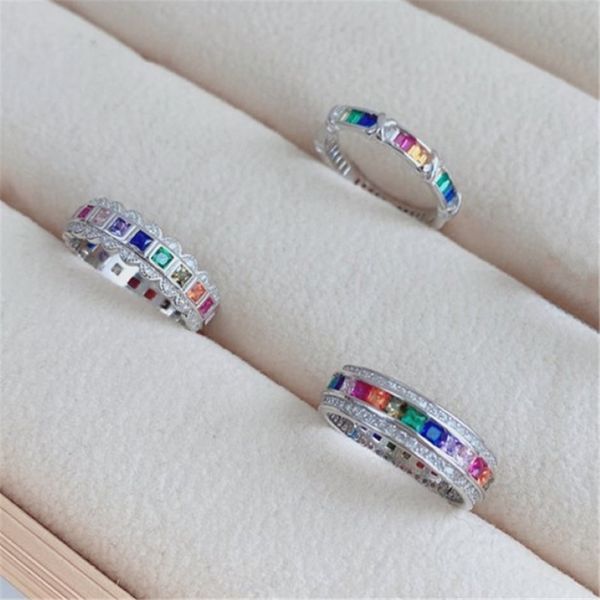 Bohemia Rainbow 925 Sterling Silver Luxurious Jewelry Rings Colorido 5A Square Zirconia Anning de diseñador para mujer Inmodificador de bodas 236i