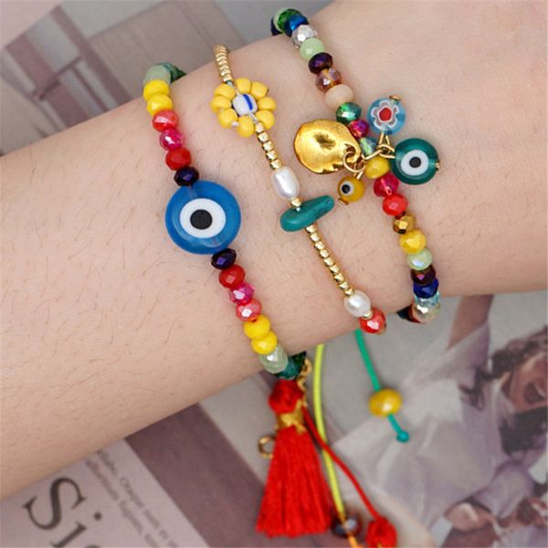 Bohême pompon perle bracelet coloré mauvais œil bracelet designer bijoux femme sud-américain tissage fait main bleu cristal bracelets pour adolescentes cadeau d'amitié