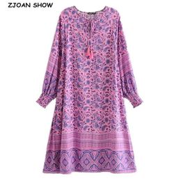 Bohemen Kwastje Tacking V-hals Paisley bloem print lange boho jurk etnische vrouw losse mouw vakantie jurken strand 210429