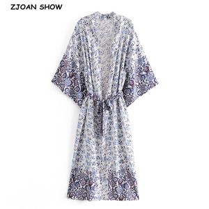 Bohemen v-hals bloem print maxi lange kimono shirt etnische vrouwen vetersluiting strik boog sjerpen vestigan boho losse blouse tops 210429
