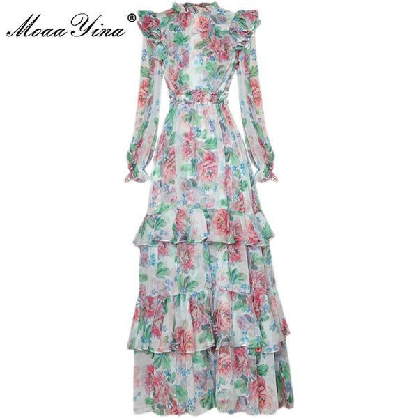 Bohême vacances longue robe florale mode femmes été lanterne manches volants ourlet Boho une ligne en mousseline de soie 210524