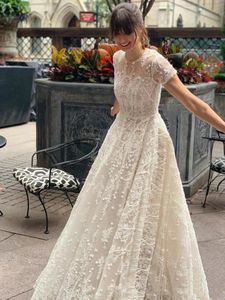 Bohemia Vintage trouwjurken O-hals Korte mouwen Bridal Trows Lace Appliques A-lijn gewaden vloer lengte Vestidos de novia 240325