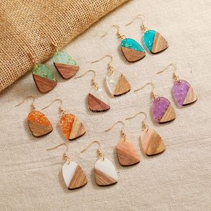 Pendientes de gancho de oreja de empalme de madera Vintage bohemio para mujeres y niñas, pendientes geométricos hechos a mano de resina creativos coloridos, regalos