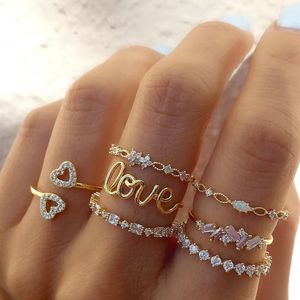 Bohemia Zircon Anneaux Set Gold Color Boho Crystal Letter Love Heart Moon Flower Ring For Lover Charm Bijoux Cadeaux 231221