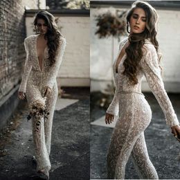 Boheemse 2021 Jumpsuits Trouwjurken Kant Geappliceerd Bruidsjurken Diepe V-hals Kralen Crystal Boho Roken de Mariée