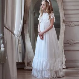 Boheemian 2022 Flower Girl -jurken voor bruiloft Boho Lace Appliqued Toddler Pageant -jurken Tule First Communion Dress