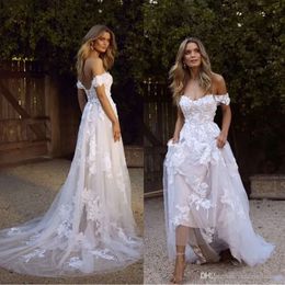 Boheemian A elegante trouwjurken Lijn uit schouder Appliqued Tule Backless Long Summer Beach Bridal Jurken BM1510 Ppliqued