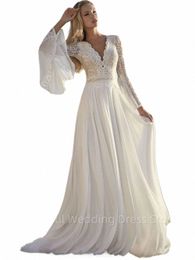 Robe De mariée bohème ligne A, col en V, manches Lg, dos en dentelle appliqué pour femmes, robe De mariée, 964a #
