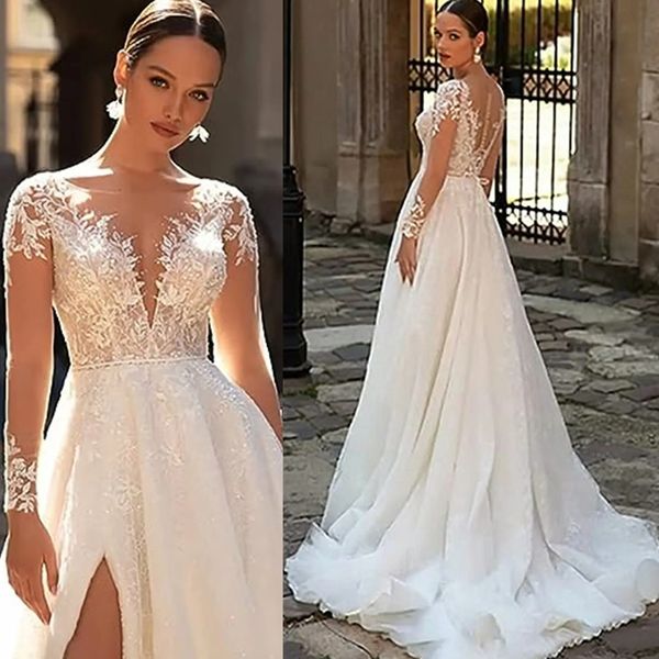 Bohème Une Ligne Col En V Dentelle Appliqued Plage Robes De Mariée Dos Nu Balayage Train Haut Côté Split Boho Robe De Mariée