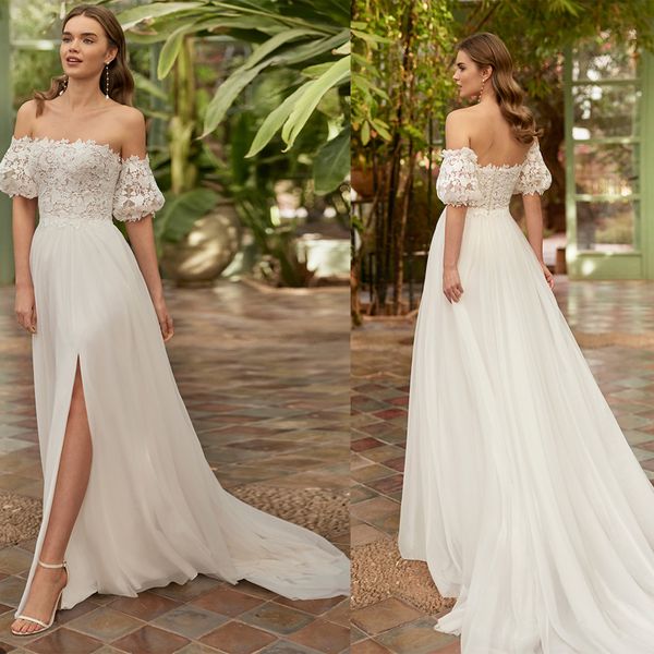 Vestidos de novia bohemios de una línea, vestidos de novia de manga corta con hombros descubiertos, apliques de encaje de ilusión, vestido de novia bohemio