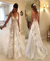 Boheemian A Line Wedding Dresses V Neck 3d Floral Lace Applique Illusion Backless Sweep Train Summer Beach Plus Maat Formele Bridal 9508139