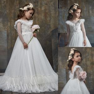 Boheemse Appliqued Backless Flower Girl -jurken voor bruiloft Bateau Neck kralen lange mouwen peuter Pageant -jurken Tule Kids prom jurk 407