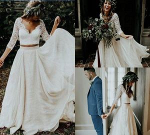 Boheemse strand 2019 trouwjurken kant geappliceerd v-hals bruidsjurken glamoureuze 3/4 mouw boho chiffon trouwjurk gewaad de Mariée