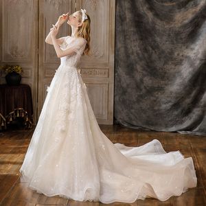 Bohemian Beach Lace A Line Maridd Robes Princess 3d Lace Tulle Applique Sweep Train Boho Mariage Robe Bridal Bridal