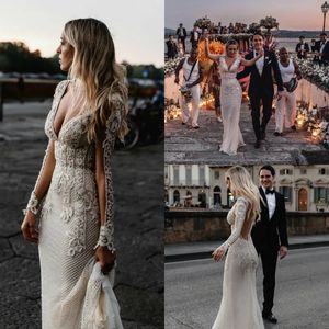 Boheemian Beach Lace Mermaid Wedding Jurken met pure lange mouwen diep v nek sexy boho bruidsjurken zomervestido de novia 2023