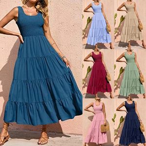 Boheemian Beach Long Dress -zomer in mouwloze elegante jurk vrouwelijke vintage solide kleurenfeest grote swing maxi 240416