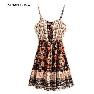 Boheemse zwarte bloemenprint spaghetti riem jurk etnische vrouw veters verstelbare taille sling jurken strand vestido 210429