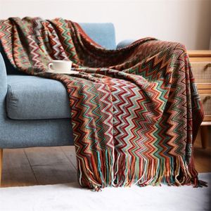 Boheemse deken bankkap geometrische gebreide slipcover voor bankstoelbed geruite boho decoratieve deken cobertor manta Deken 220517