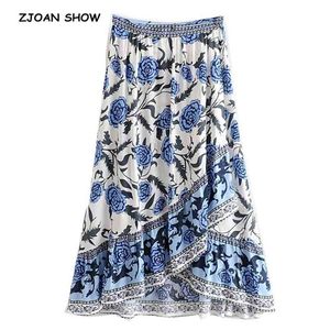 Bohemian Blue White Flower Print Front Split Ruffles Hem Hoge Taille Asymmetrische Swing Dames Wrap Rokken Vakantie 210429