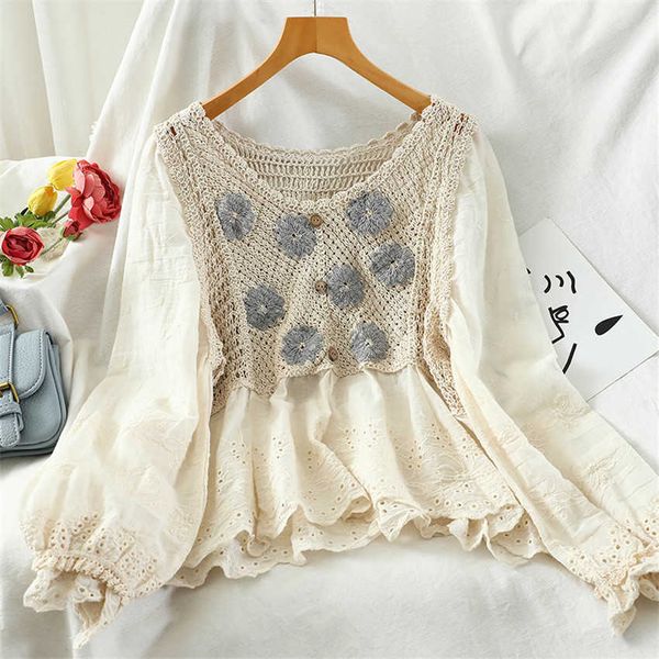 Bohème Boho Floral Broderie Coton Ligne Chemise Femmes À Manches Longues Blouse Décontractée Crochet Crop Top Printemps Automne Chemises 210721